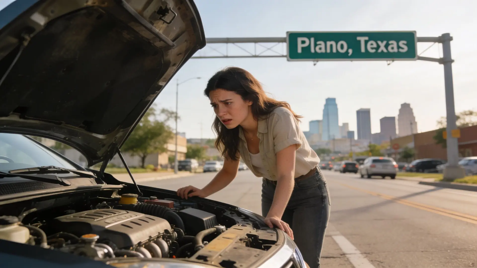 A concerned young woman looking under the hood of her broken down car on a city street.