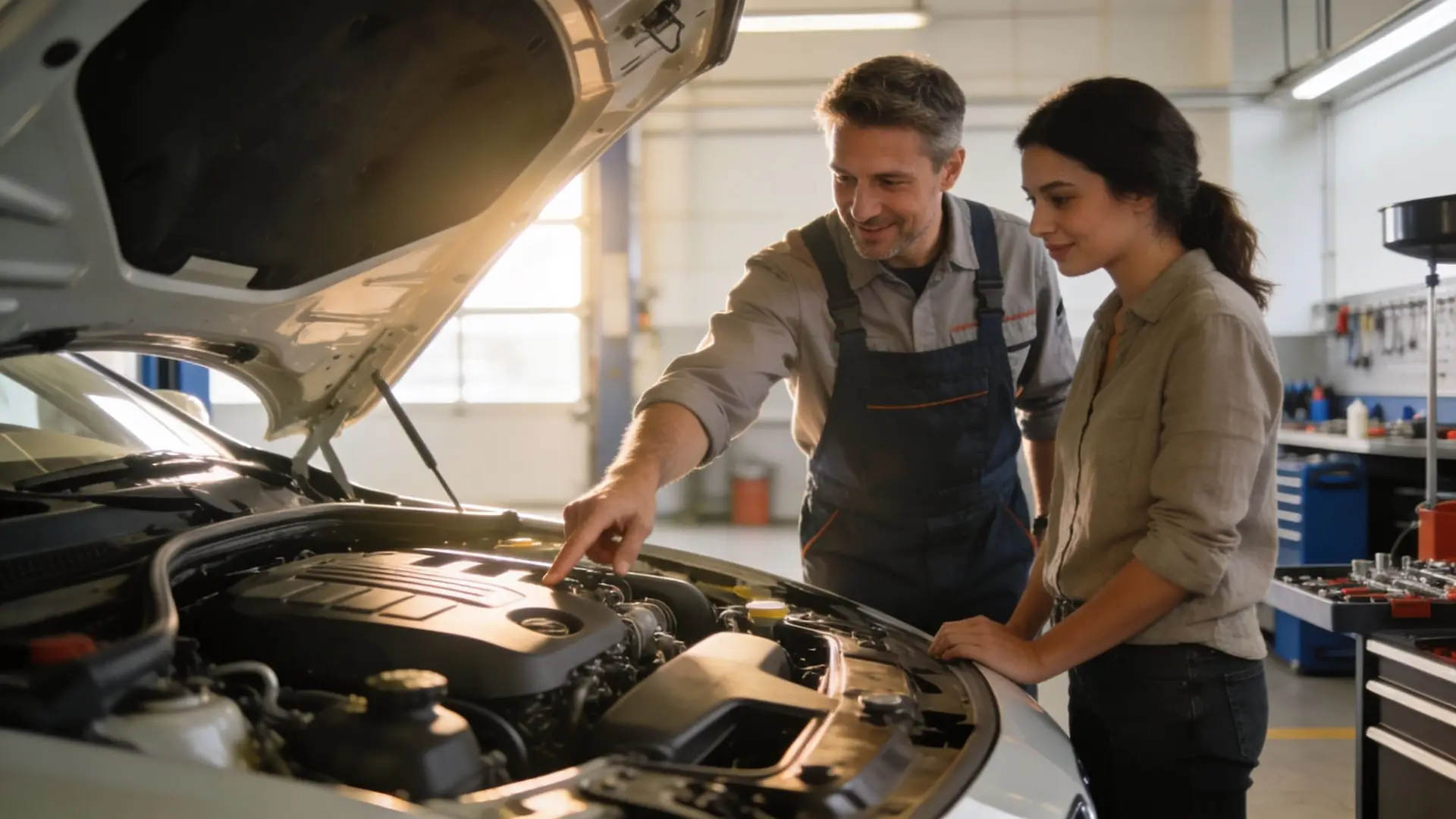 A professional mechanic explains engine maintenance to a female customer in an auto repair workshop.