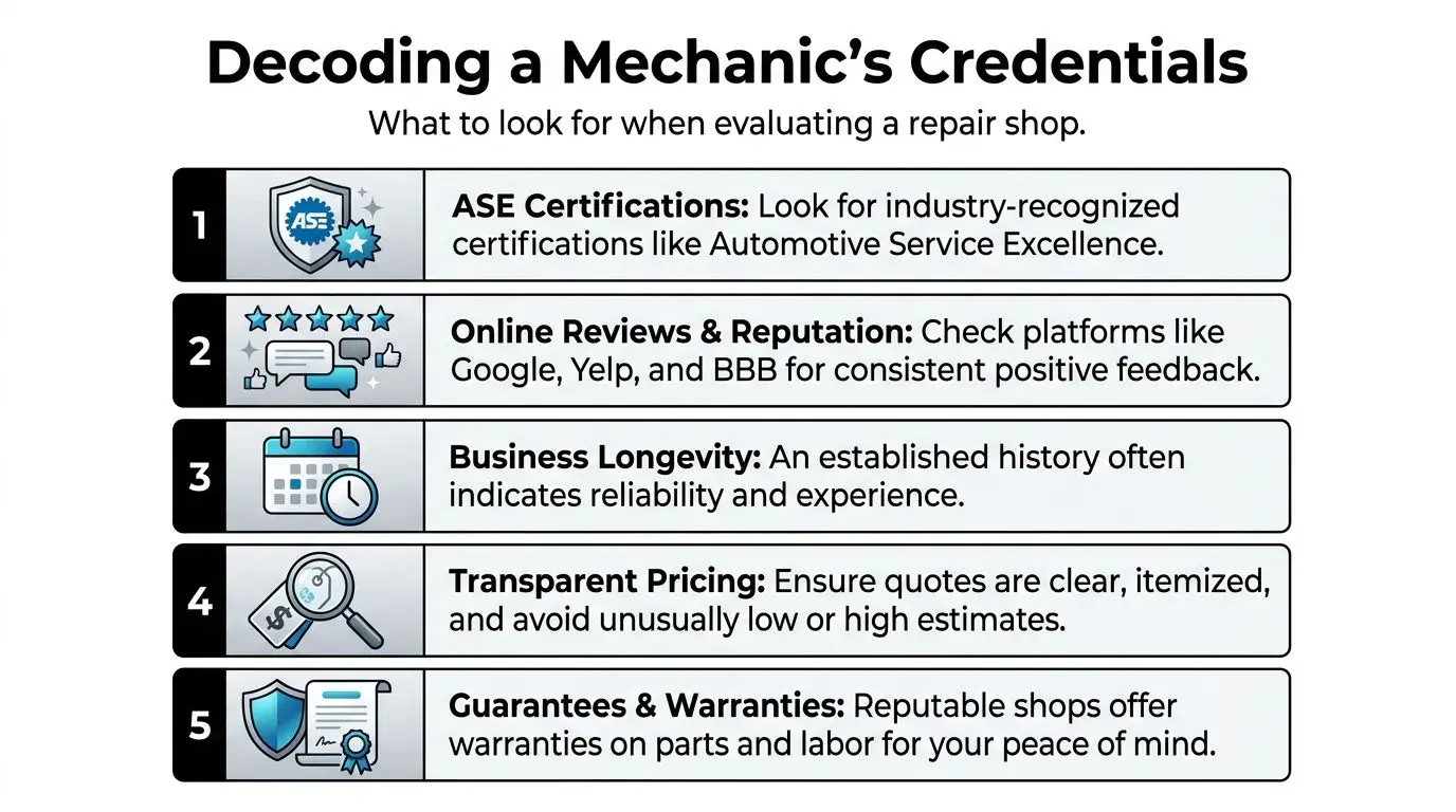 An infographic detailing five key criteria to look for when choosing a reliable auto repair shop.
