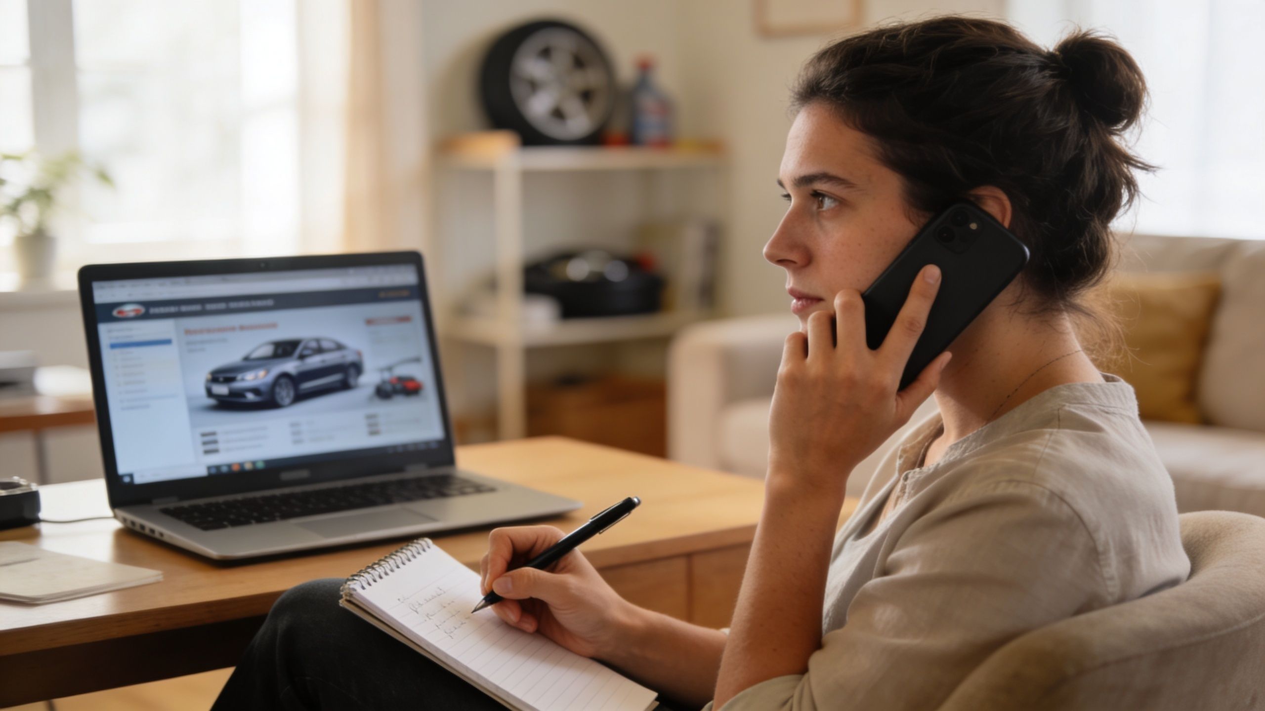 A young woman takes notes in a notebook while talking on her phone in front of a laptop.