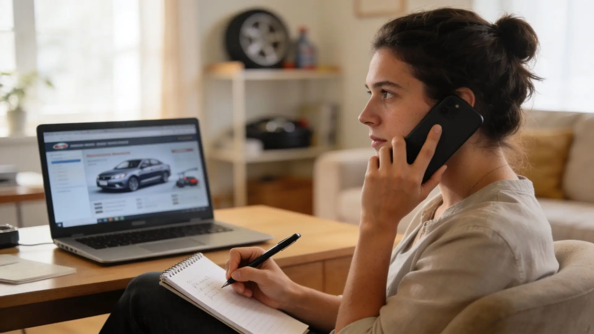 A young woman takes notes in a notebook while talking on her phone in front of a laptop.