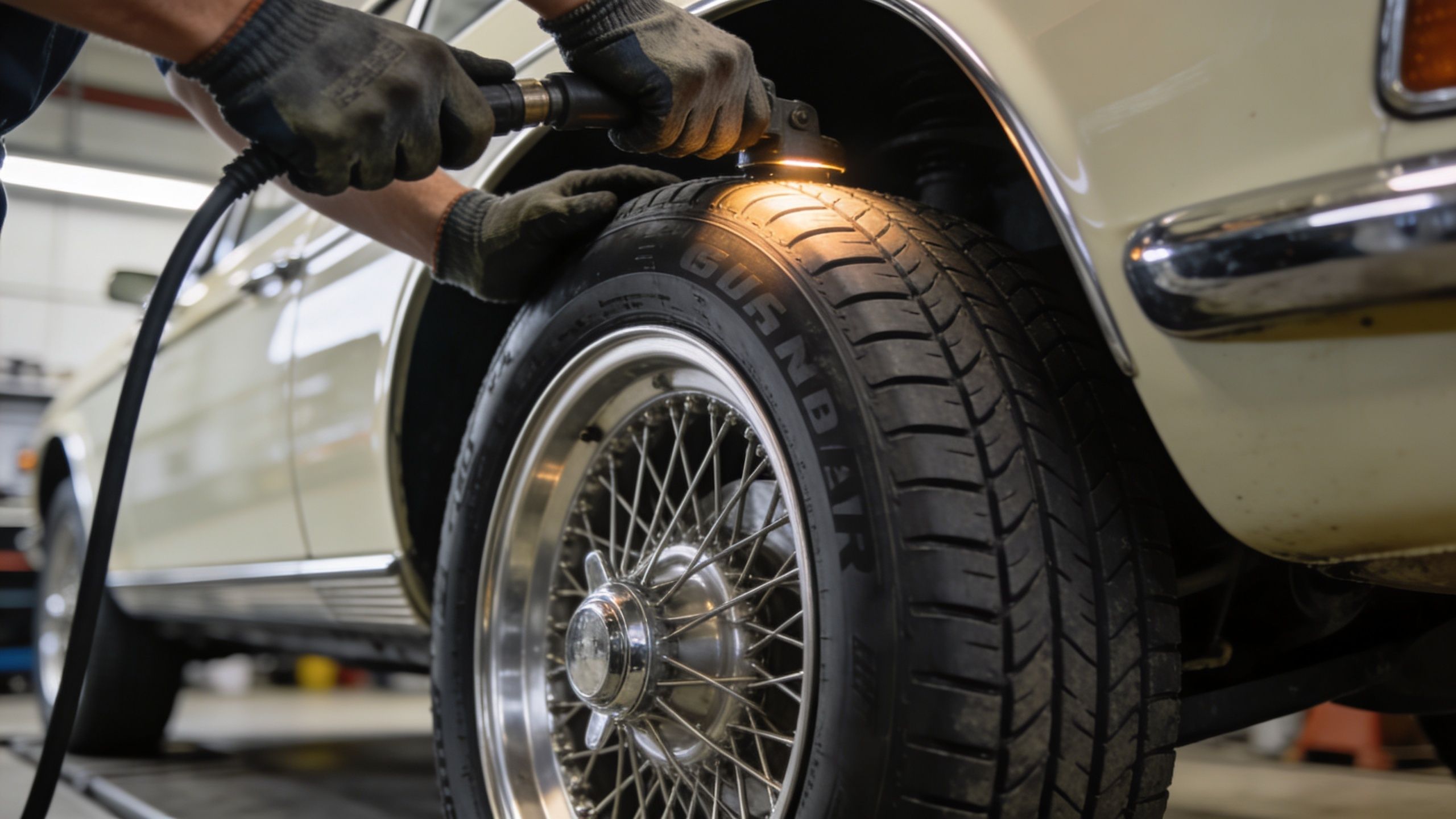 A mechanic uses a tool to inspect the tread and condition of a vintage car tire