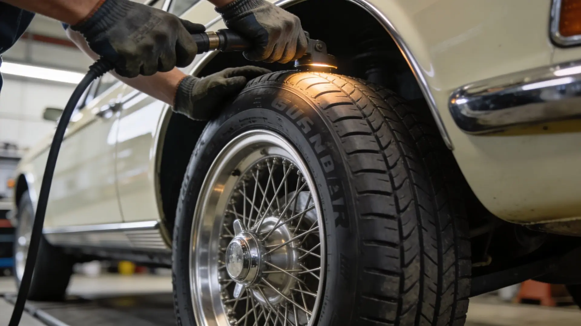 A mechanic uses a tool to inspect the tread and condition of a vintage car tire