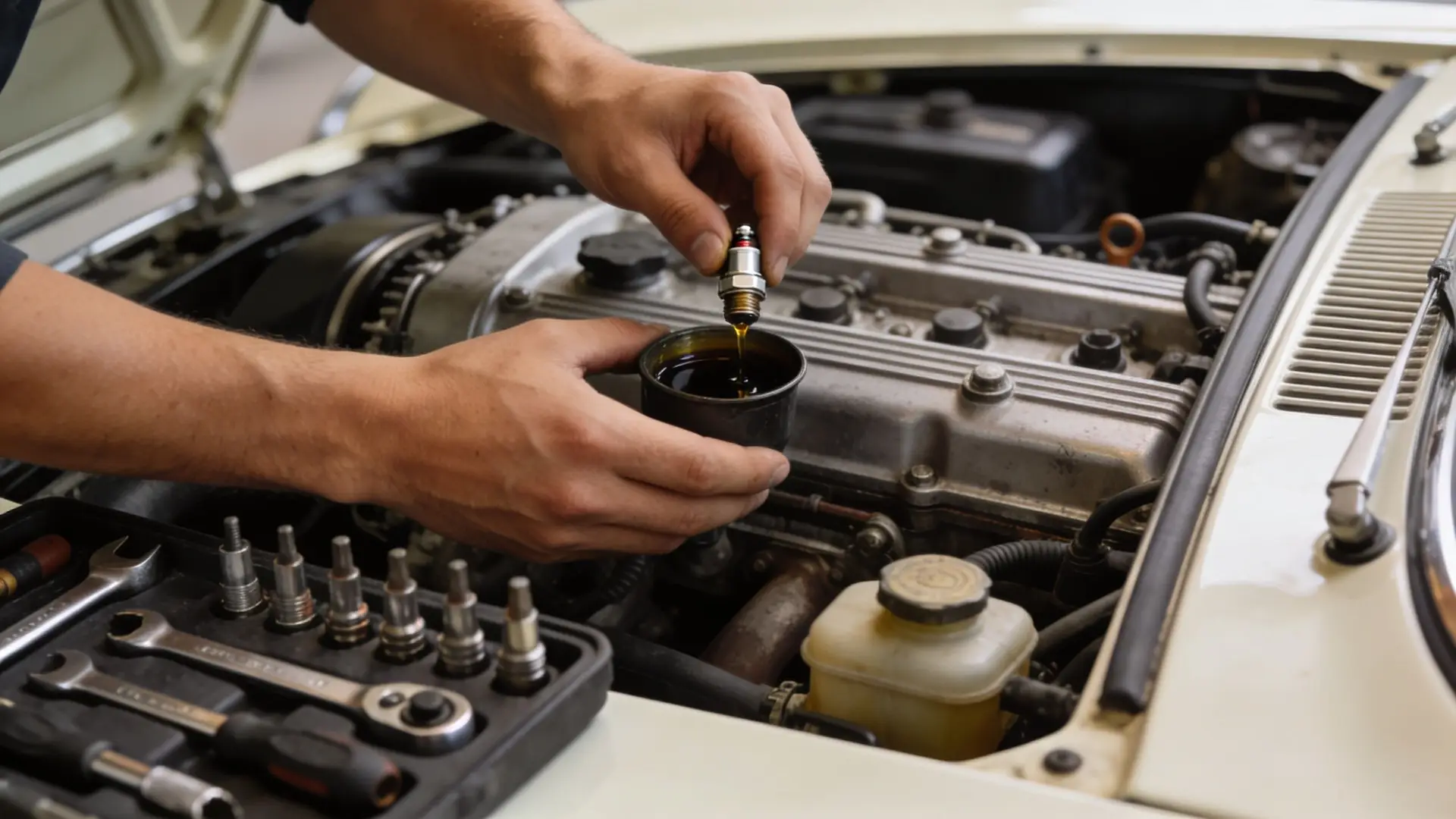 A mechanic inspecting a spark plug dripping oil over a container while repairing an old car engine.