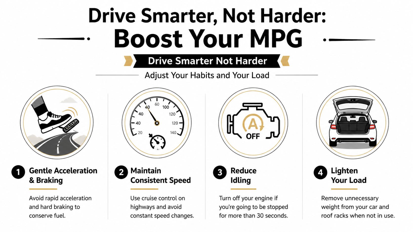 An infographic titled Drive Smarter Not Harder offering four tips to improve vehicle fuel efficiency and MPG.
