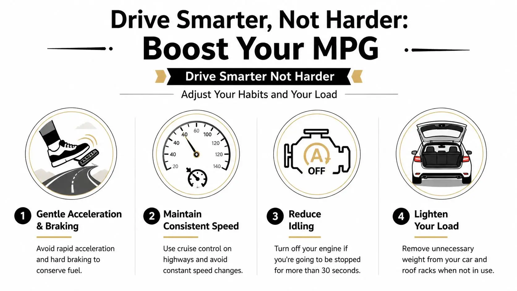 An infographic titled Drive Smarter Not Harder offering four tips to improve vehicle fuel efficiency and MPG.