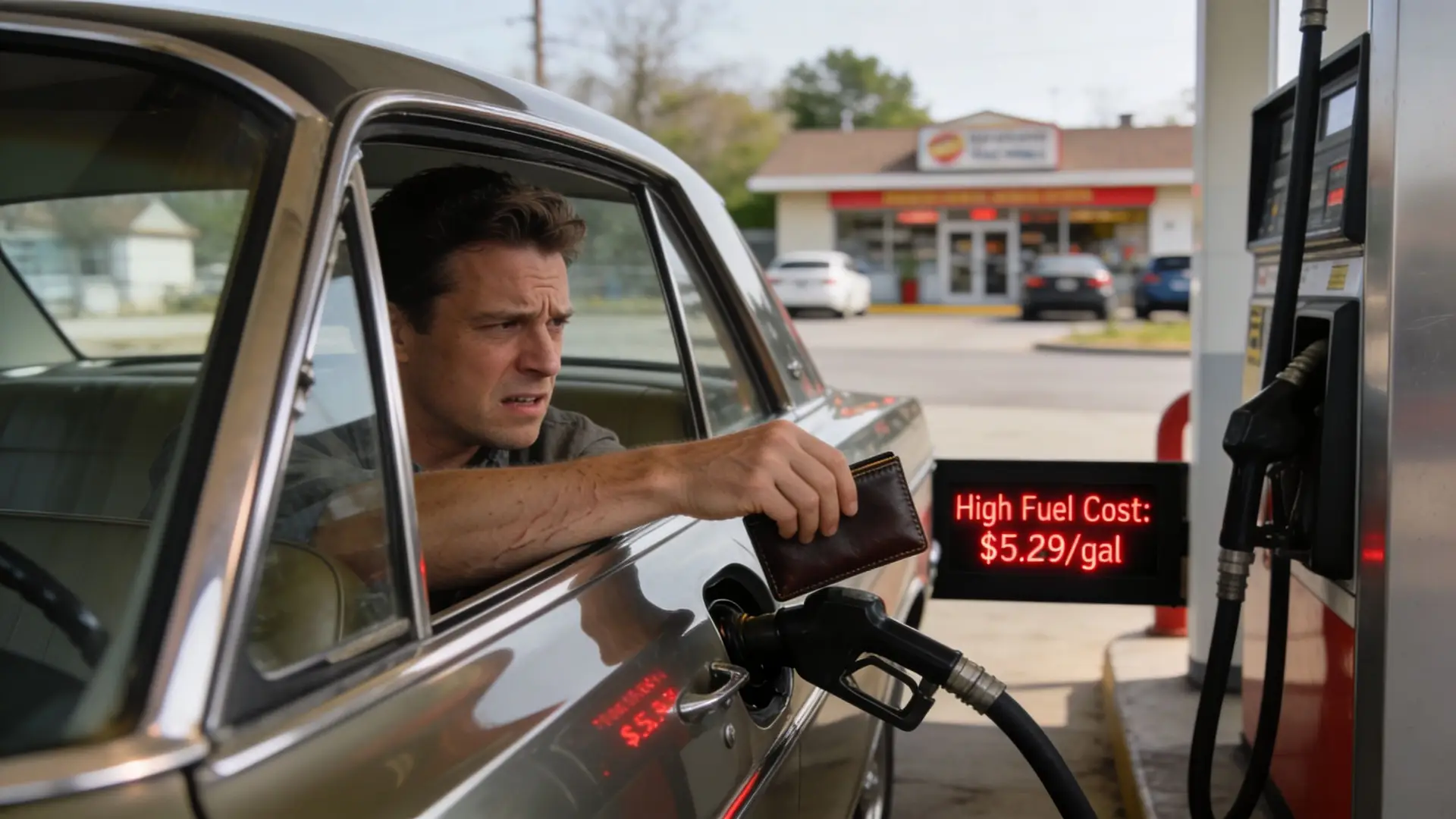 A concerned driver holds a wallet near the gas tank while refueling an old car at a pump.