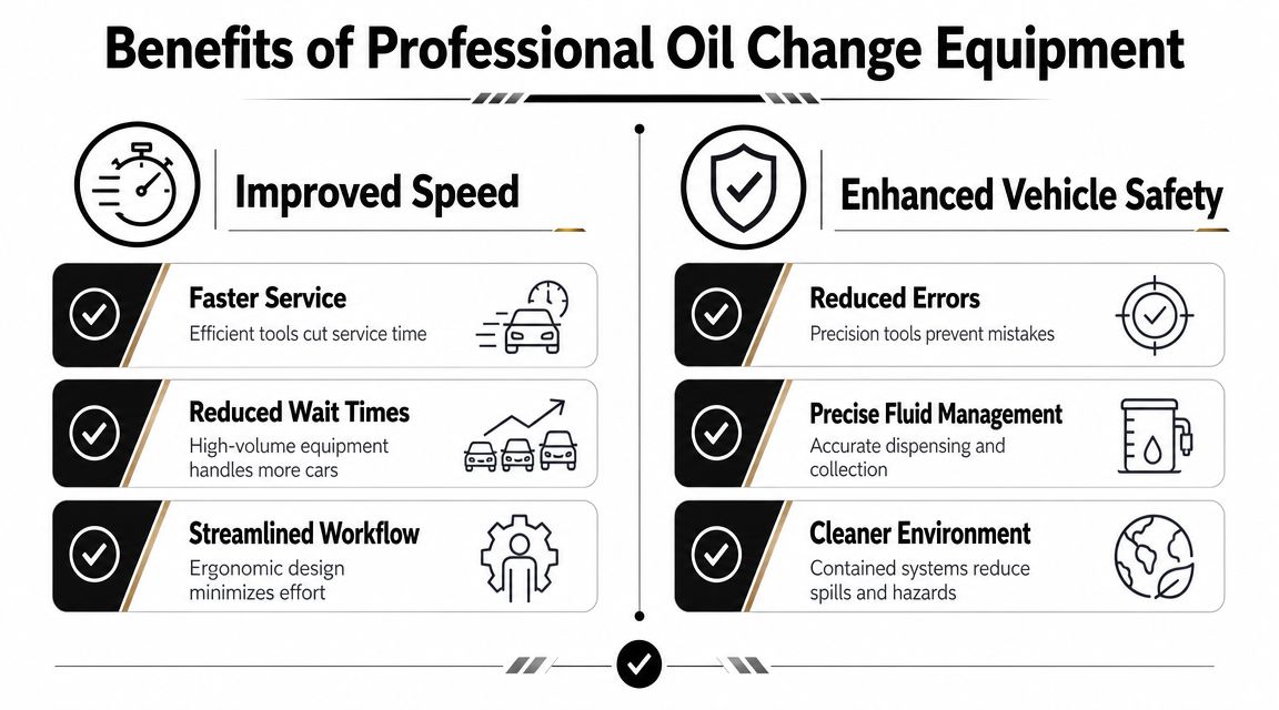 An infographic showing the benefits of professional oil change equipment, highlighting improved speed and enhanced vehicle safety.