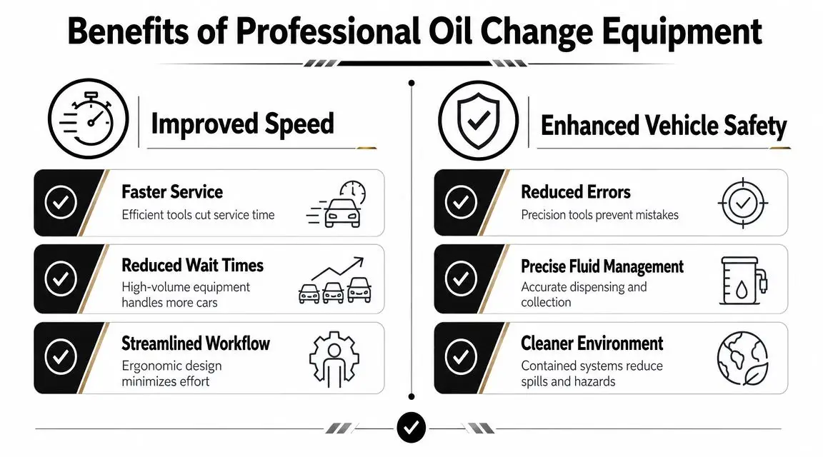 An infographic showing the benefits of professional oil change equipment, highlighting improved speed and enhanced vehicle safety.