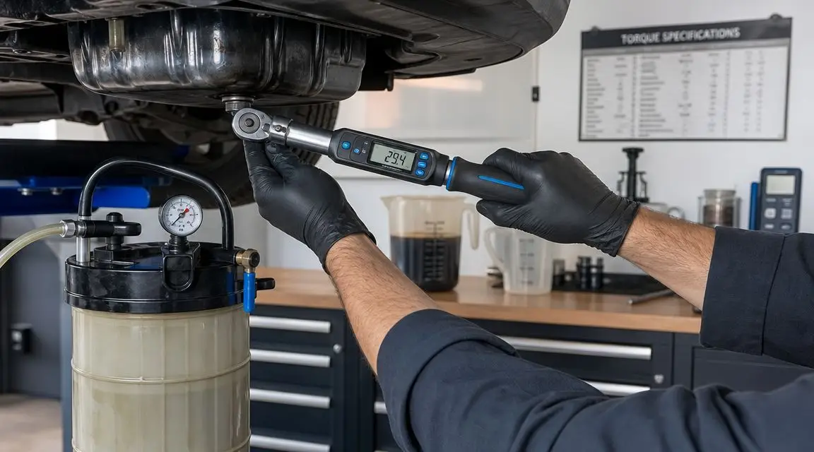 A mechanic using a digital torque wrench to tighten an oil drain plug under a vehicle.