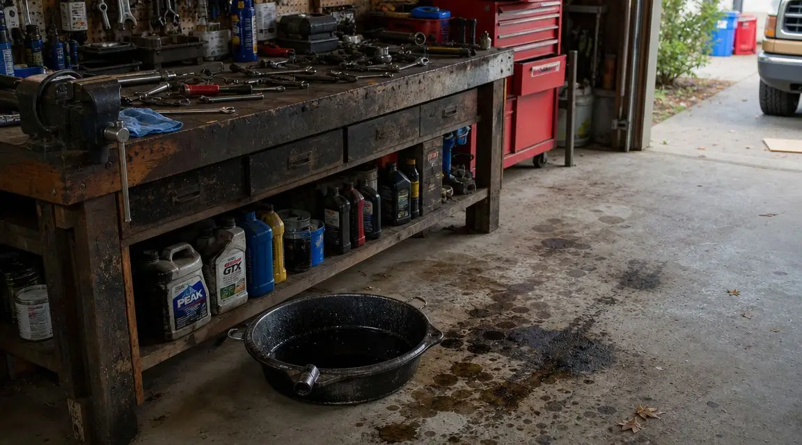 A cluttered workshop workbench with various motor oil bottles, tools, and a black drain pan on concrete.
