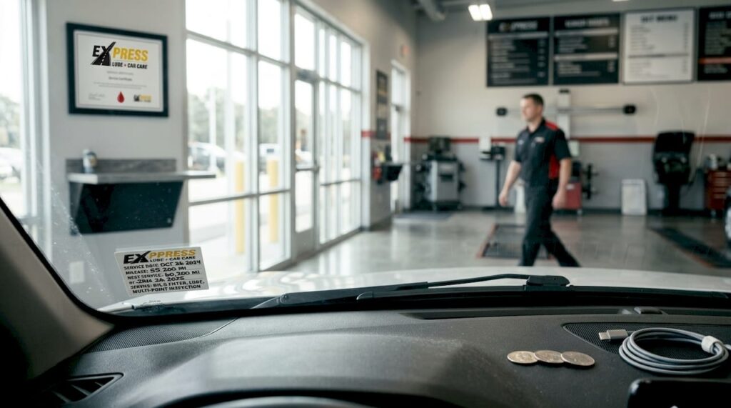 Close-up of car windshield with oil change sticker