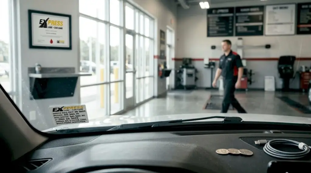 Close-up of car windshield with oil change sticker