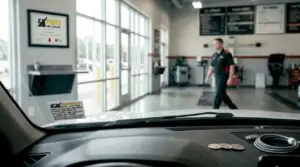 Close-up of car windshield with oil change sticker