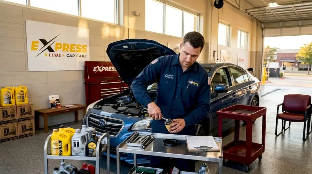 Technician performing drive-through oil change on car
