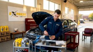 Technician performing drive-through oil change on car