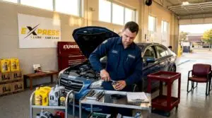 Technician performing drive-through oil change on car