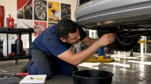 Auto repair shop exterior with mechanics and cars