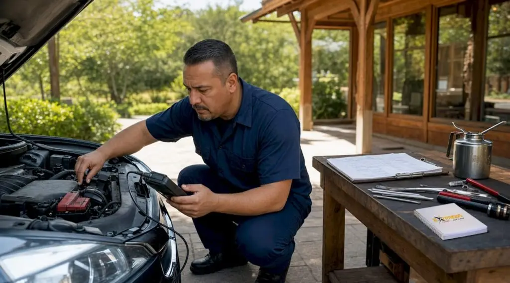 Auto technician inspecting car engine in service garage
