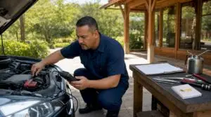 Auto technician inspecting car engine in service garage
