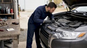 Technician closing hood after SUV oil check