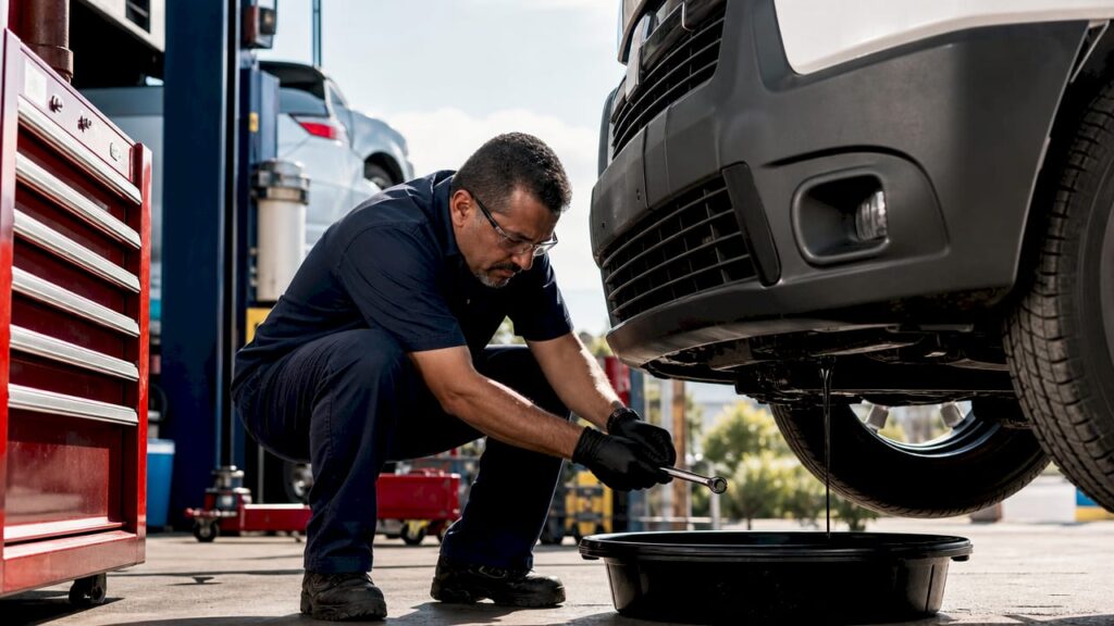 Mechanic performing commercial oil change in garage