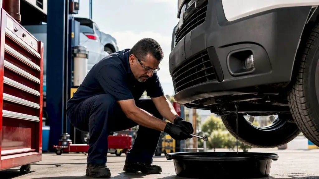Mechanic performing commercial oil change in garage