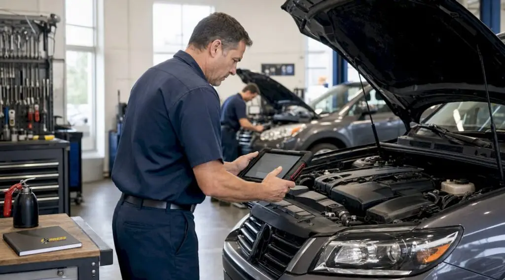 Mechanic inspecting vehicle engine in repair garage