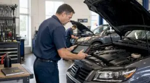 Mechanic inspecting vehicle engine in repair garage