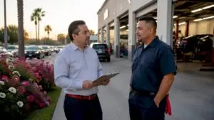Customer discussing auto service with mechanic outside shop