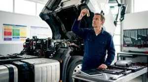 Engineer inspecting synthetic oil in large engine