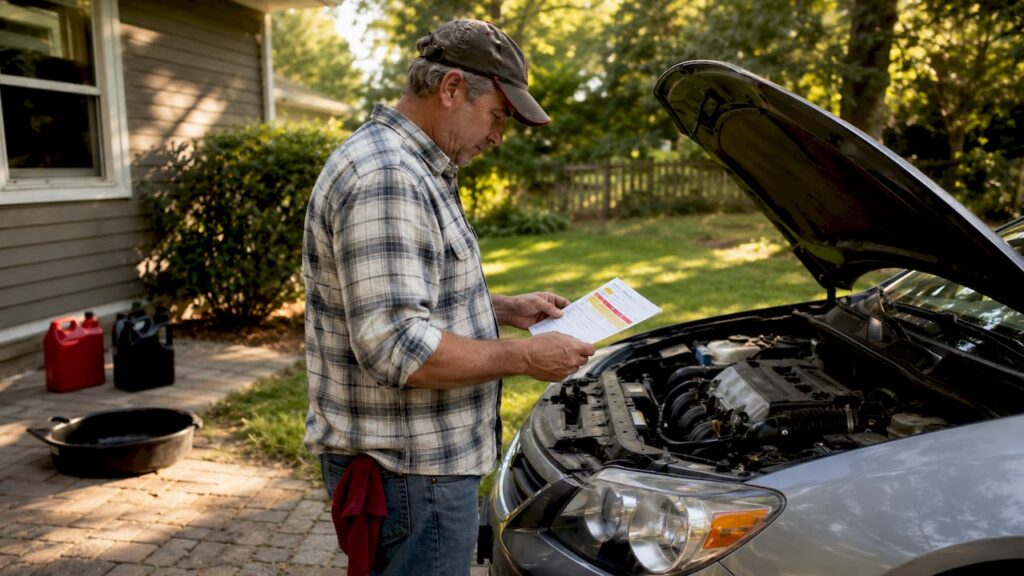 Man checking oil change prices next to car