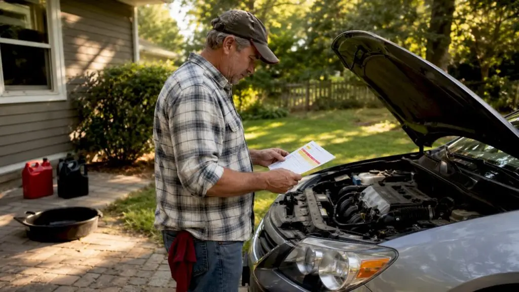 Man checking oil change prices next to car