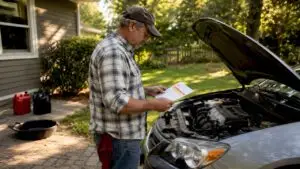 Man checking oil change prices next to car