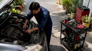 Mechanic performing oil change on car