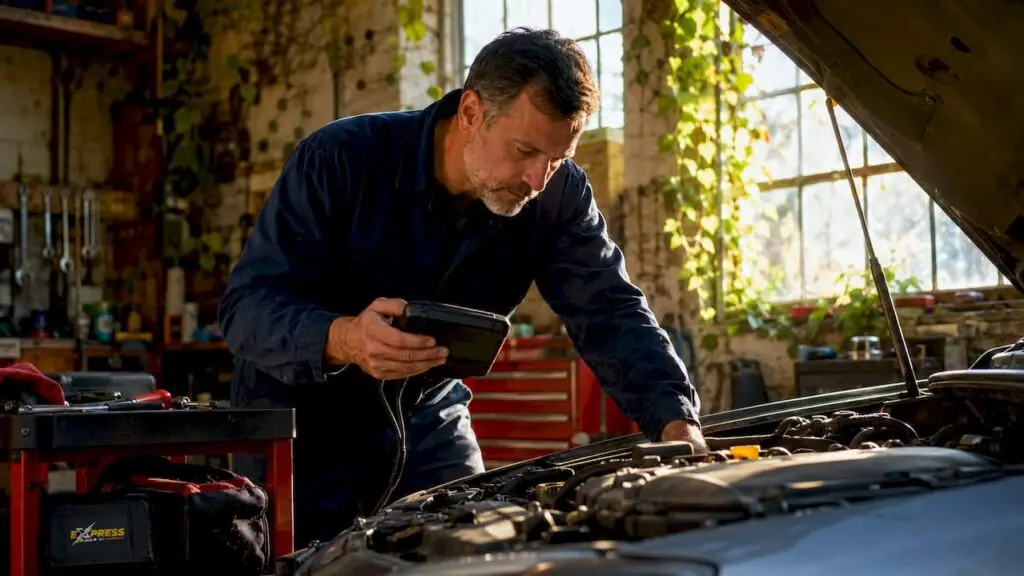 Mechanic inspecting engine in auto repair garage