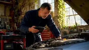 Mechanic inspecting engine in auto repair garage