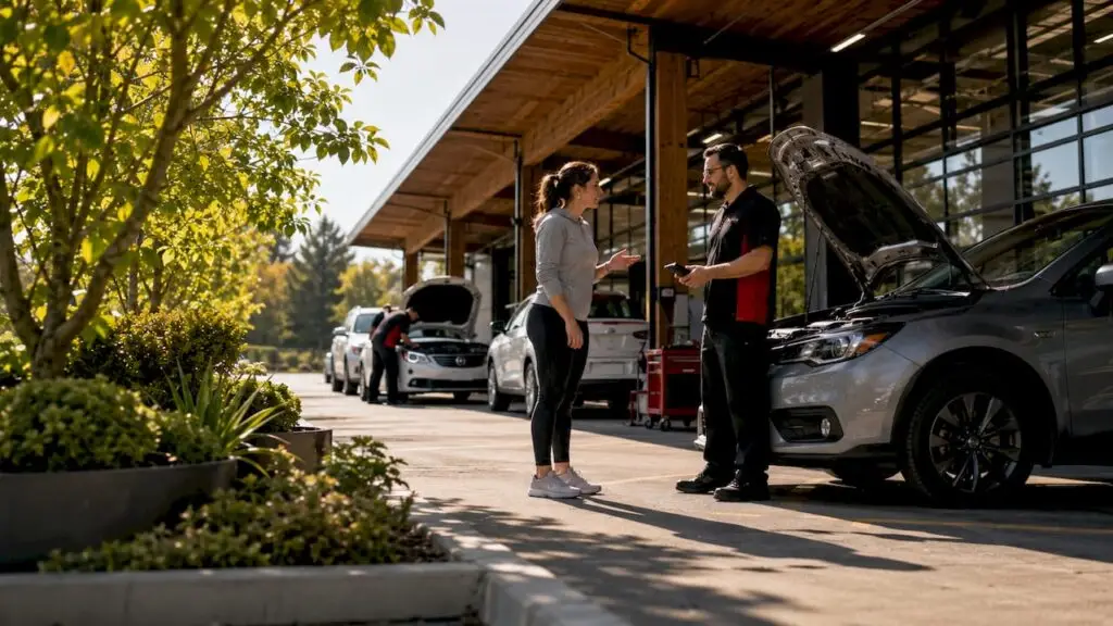 Exterior view of auto service shop with customers and technicians