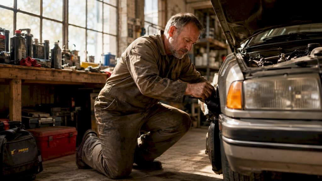 Mechanic changing oil in car engine bay