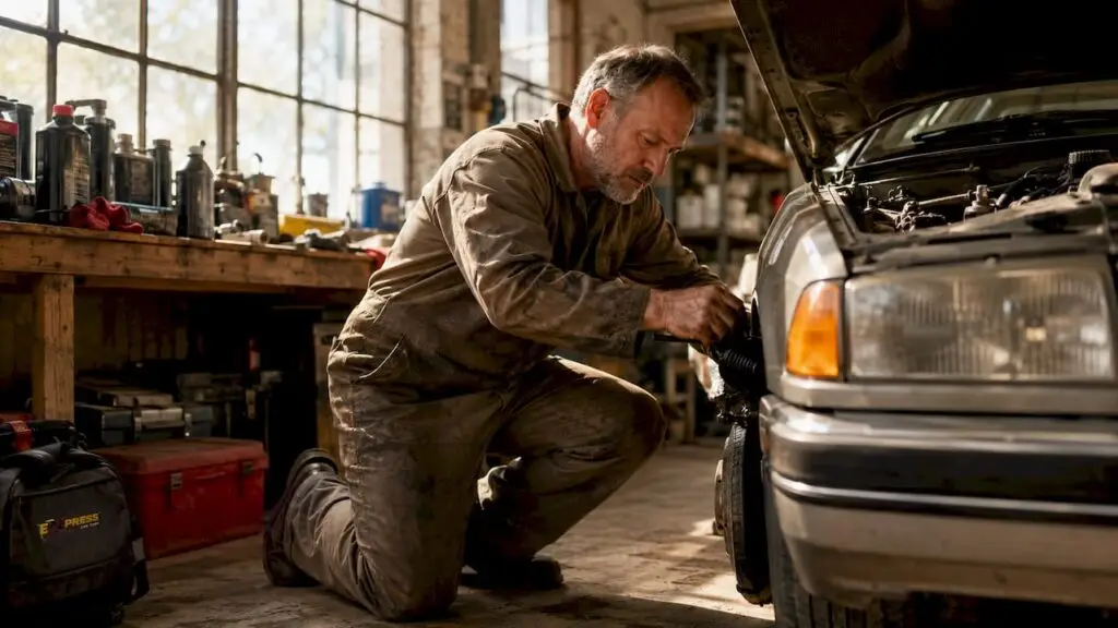 Mechanic changing oil in car engine bay