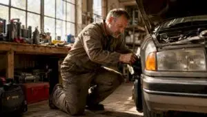 Mechanic changing oil in car engine bay