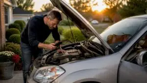 Busy driver diagnosing car issue with OBD-II scanner