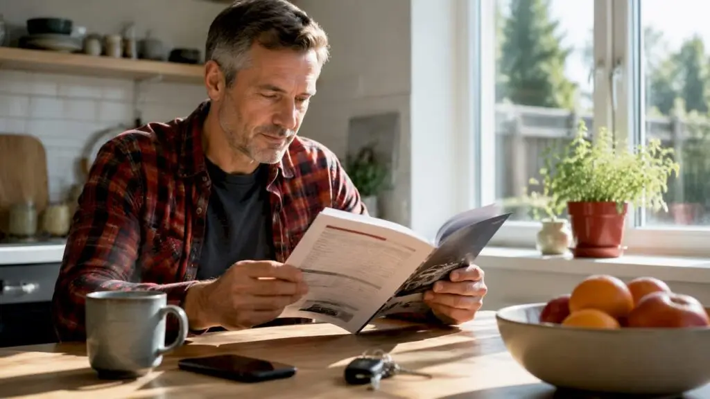 Man reviewing car maintenance schedule at home table