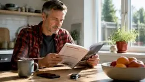 Man reviewing car maintenance schedule at home table