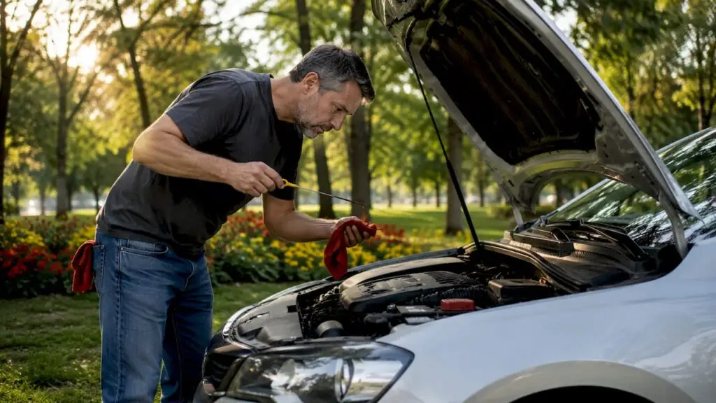 Man checking oil level in commuter car engine