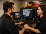 Friendly service advisors assisting customers at Express Lube & Car Care in Plano, TX