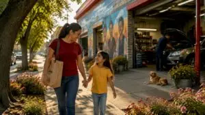 Family walking to local auto service shop