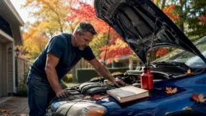Man inspecting car engine under hood