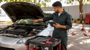 Mechanic inspecting car for fast maintenance