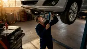 Mechanic inspecting car undercarriage in garage